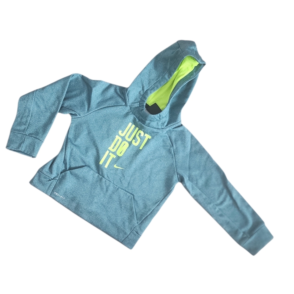 Nike Boys Dri-FIT Graphic Pullover Hoodie "Just Do It" Size S/5 Teal Neon Lined.